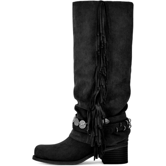 ⚡Women's Black Knee High Riding Boots With Fringes Buckle Straps Chunky Heel - Picture 2 of 4
